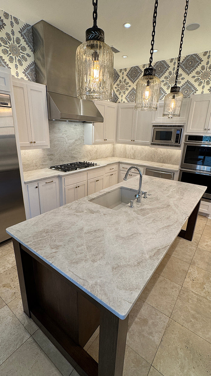 Taj Mahal kitchen countertops with beige sink