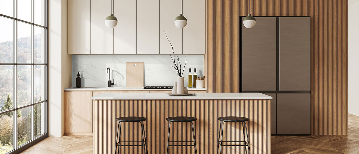beige kitchen with calacatta elysio quartz countertops from msi