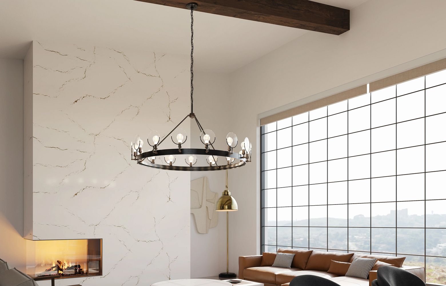 BERKSHIRE BRASS SATIN RIDGE Cambria Quartz fireplace wall