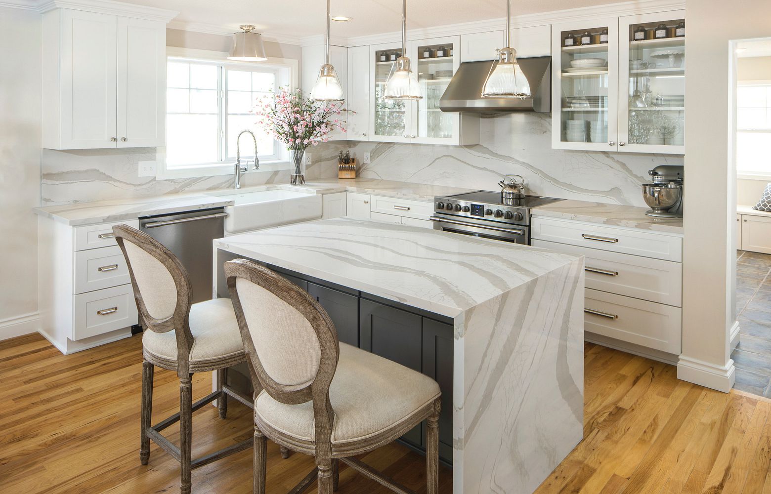 BRITTANICCA WARM cambria quartz kitchen countertops with waterfall island