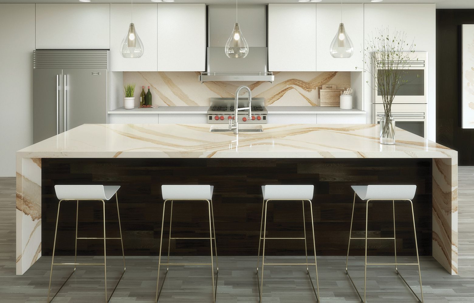 BRITTANICCA GOLD WARM Cambria Quartz waterfall kitchen island with full backsplash