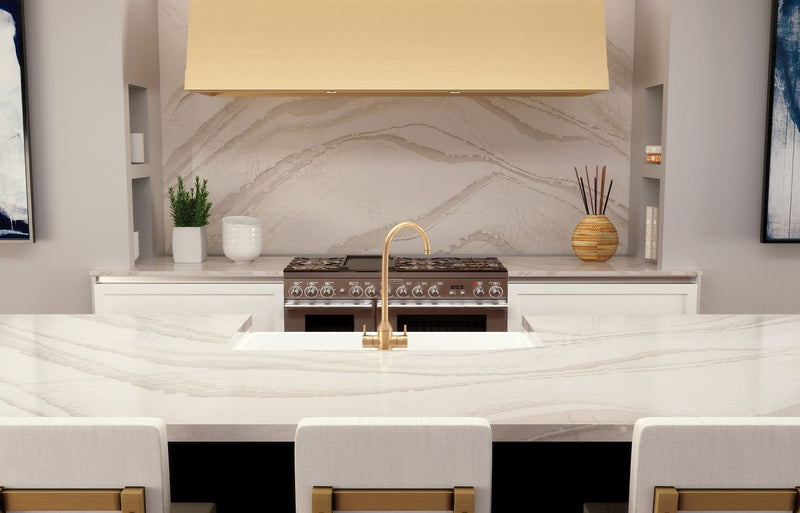 BRITTANICCA WARM cambria quartz kitchen countertops with full backsplash