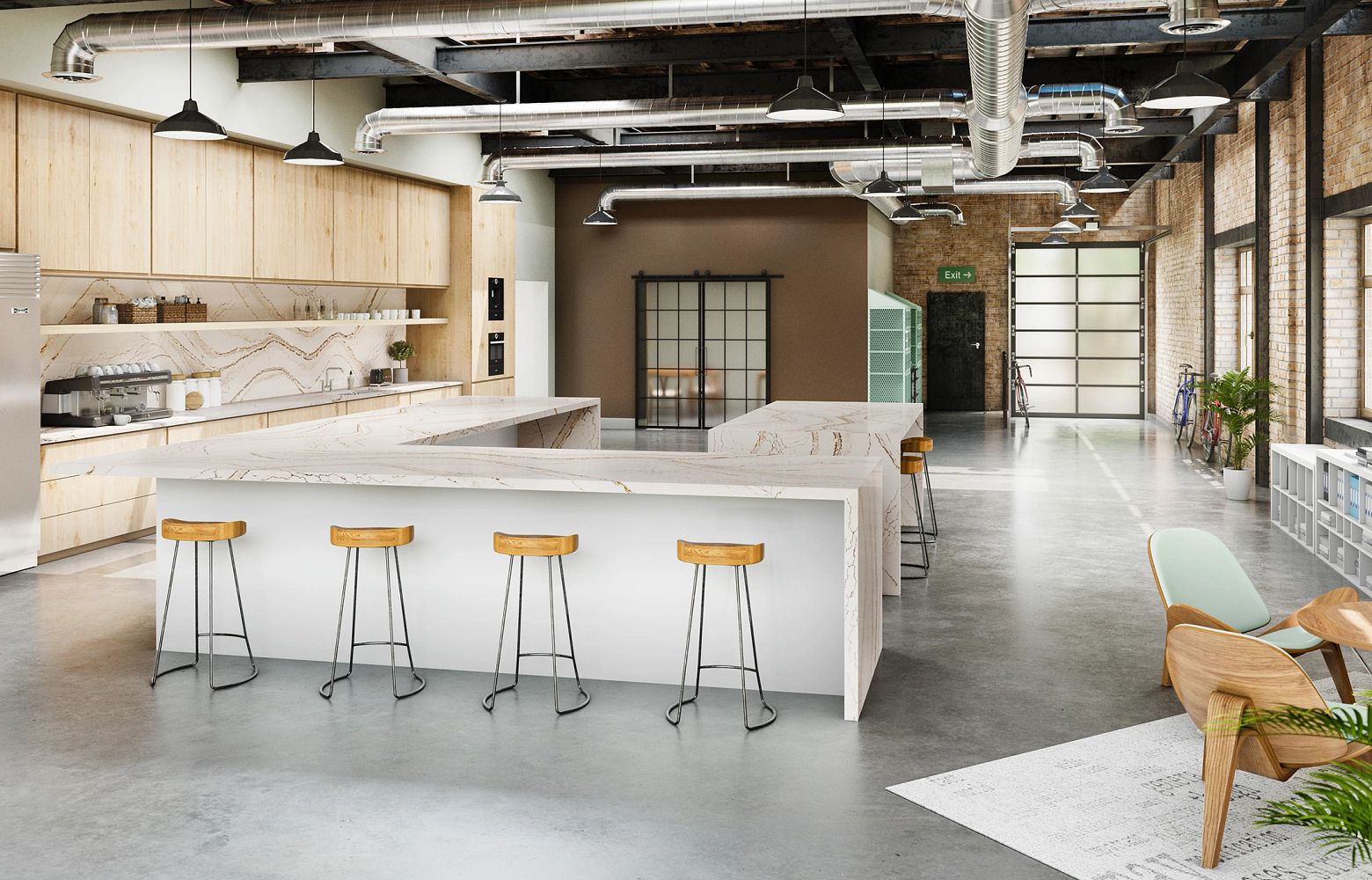 clovelly cambria quartz kitchen countertops with waterfall edge and full backsplash