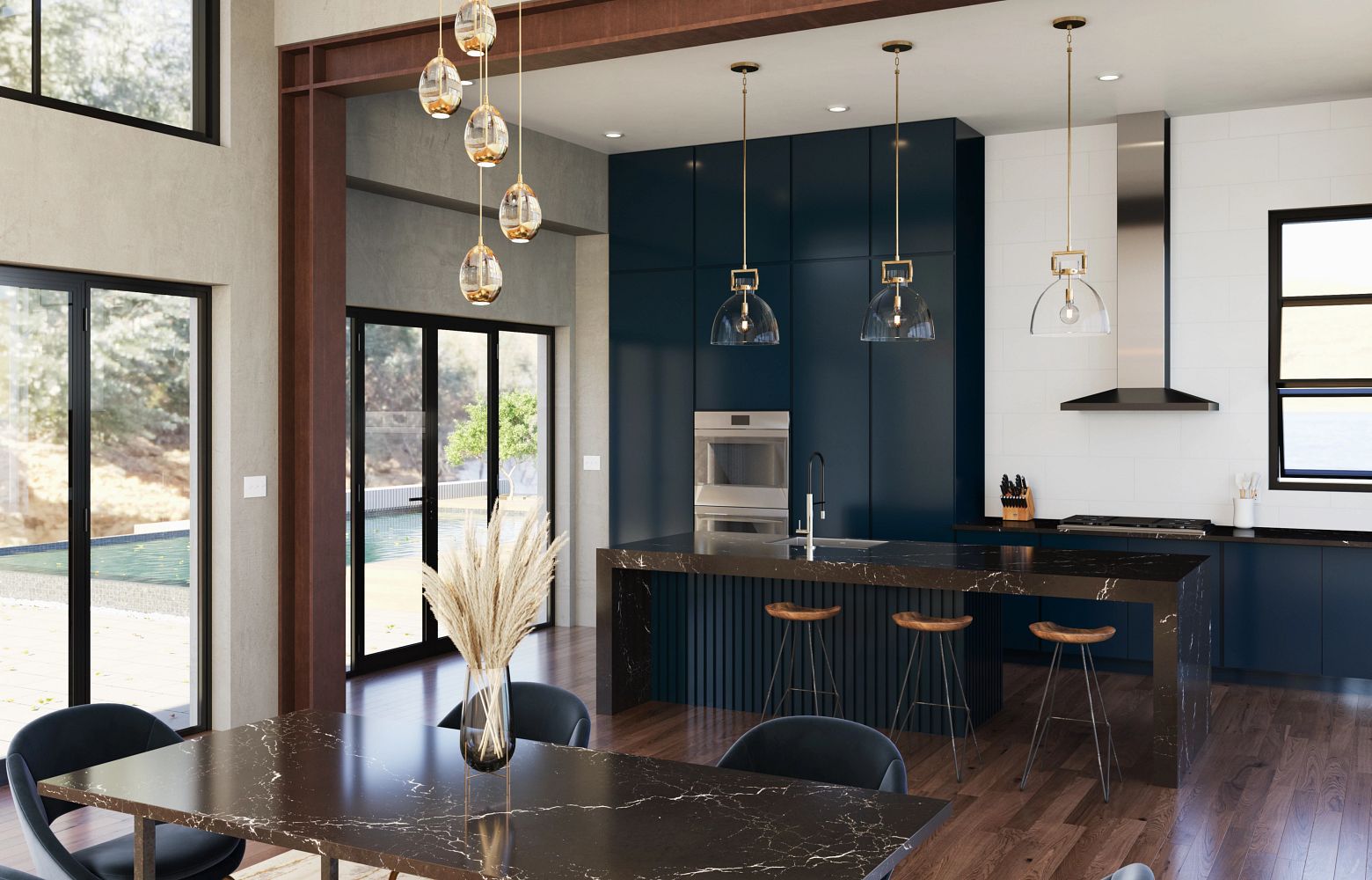 DELAMERE Cambria Quartz kitchen countertops with waterfall island