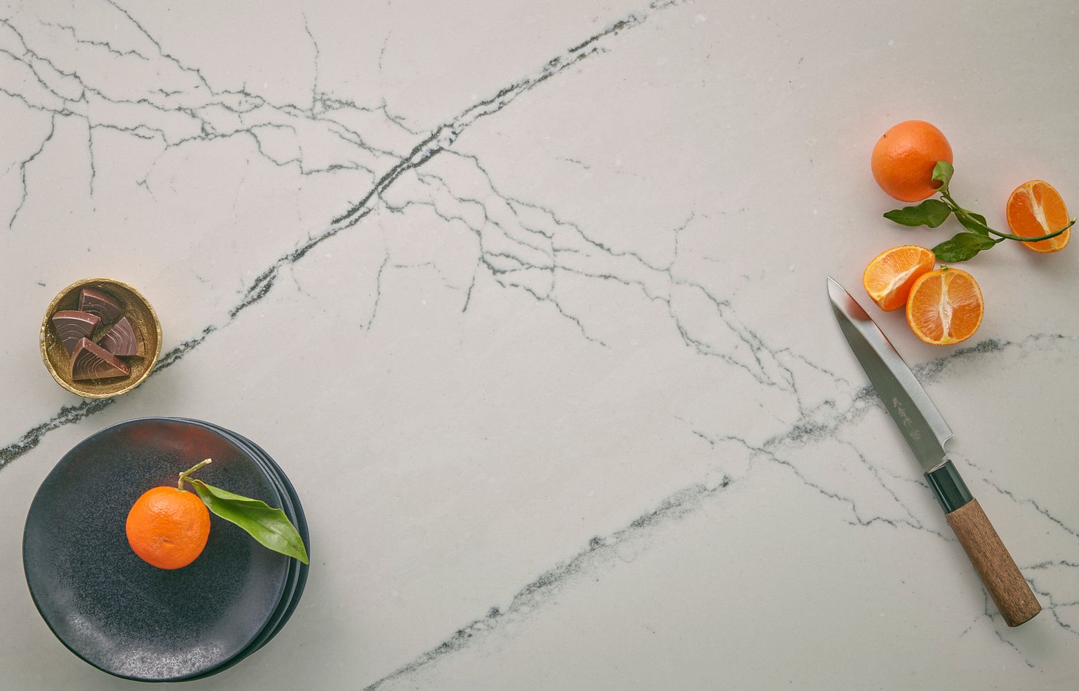 GLADSTONE Cambria quartz detailed orange and chocolates
