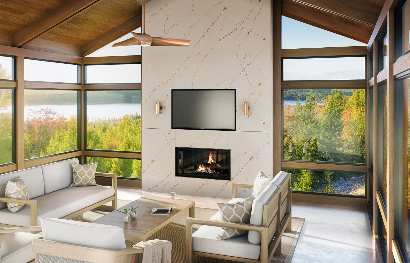 INVERNESS GOLD Cambria Quartz fireplace wall