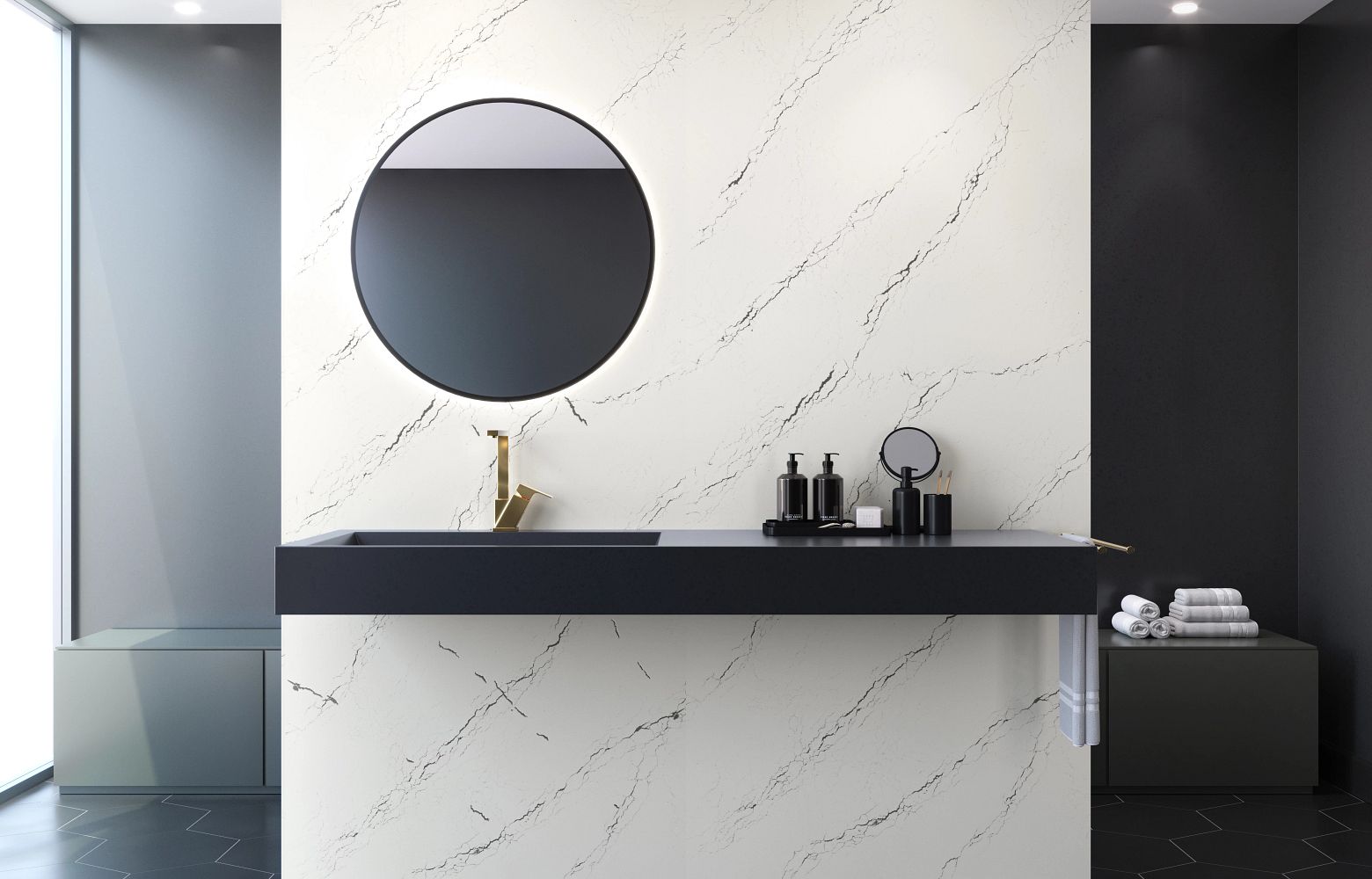 INVERNESS PLATINUM Cambria Quartz bathroom wall