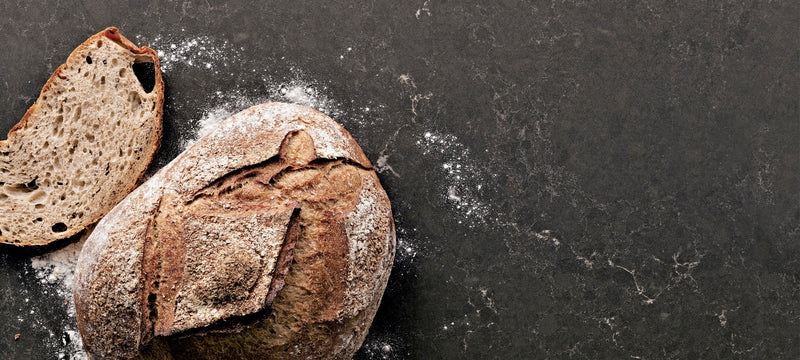 loaf of bread on piatra grey countertops