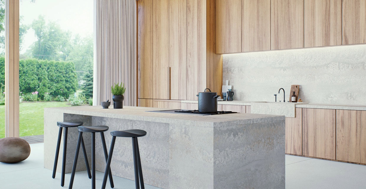light brown cabinets with primordia countertops