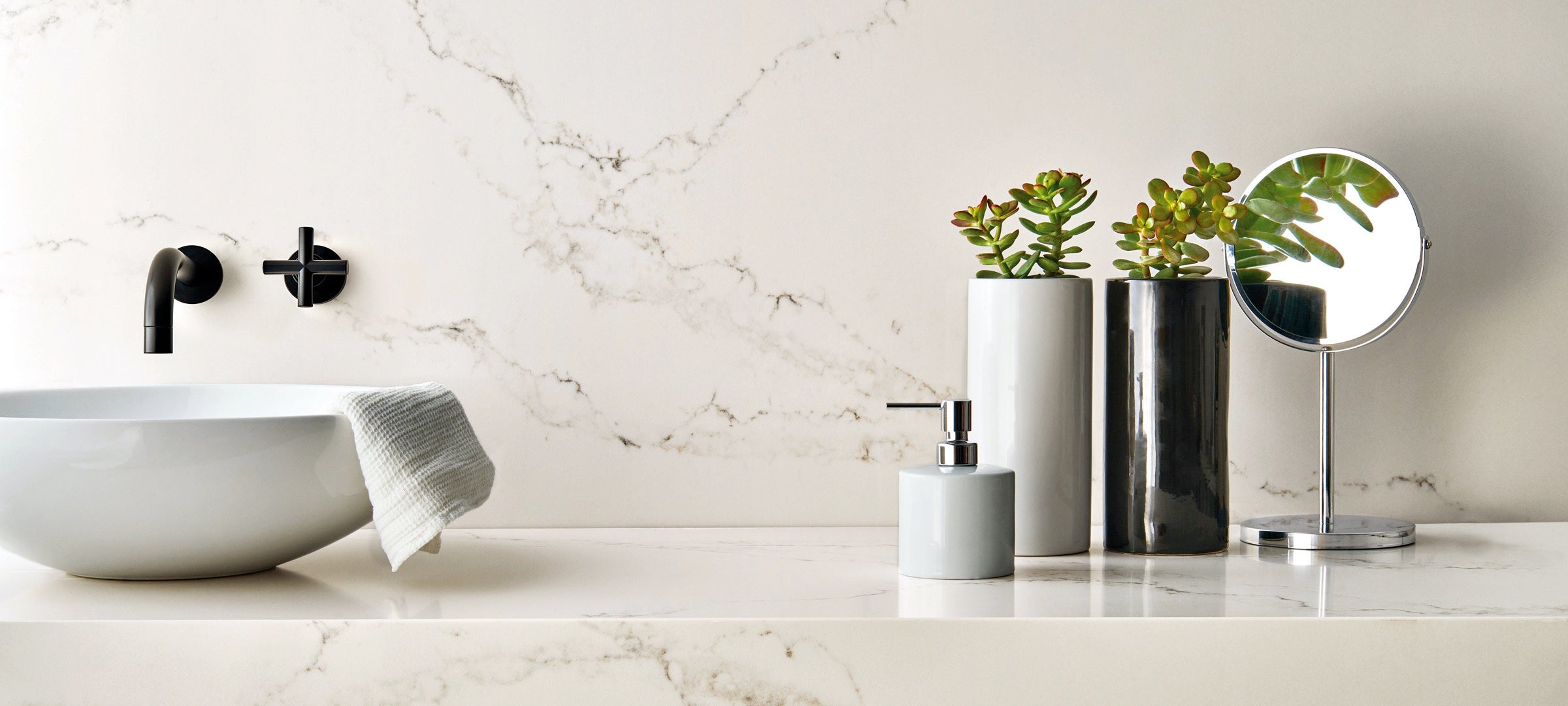 statuario nuvoletti caesarstone bathroom vanity with full backsplash and vessel sink