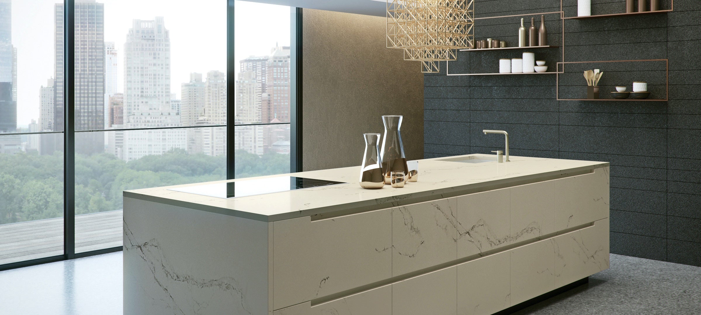 statuario nuvoletti kitchen island with waterfall