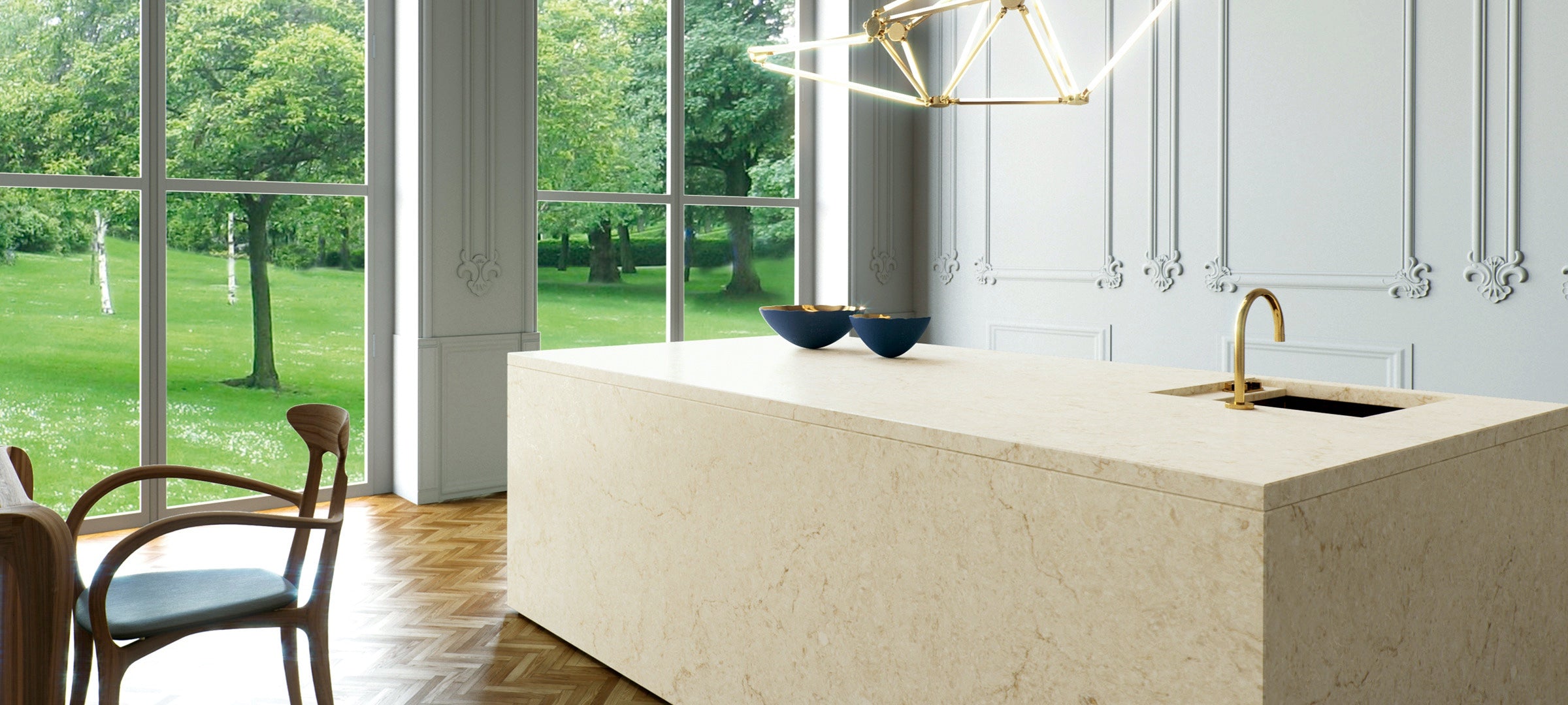waterfall kitchen island with taj royale counters