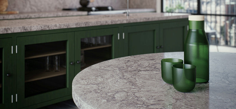 green cabinets with turbine grey countertops