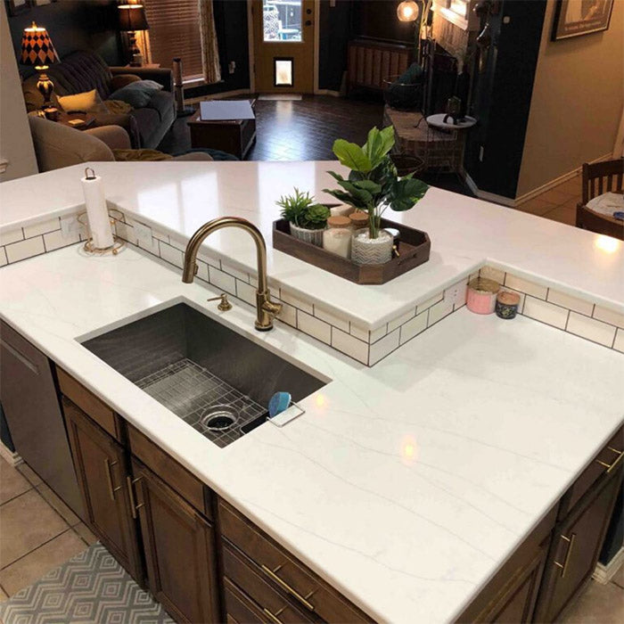 calacatta quartz island with single bowl sink
