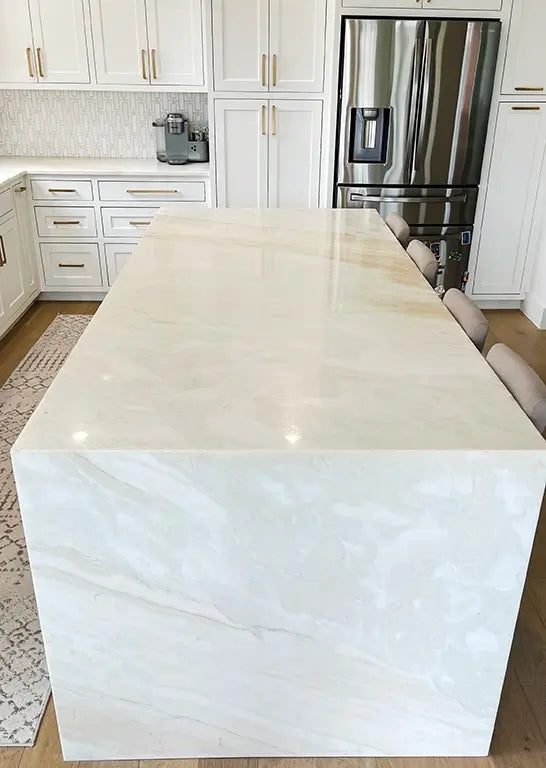 waterfall kitchen island rhino white