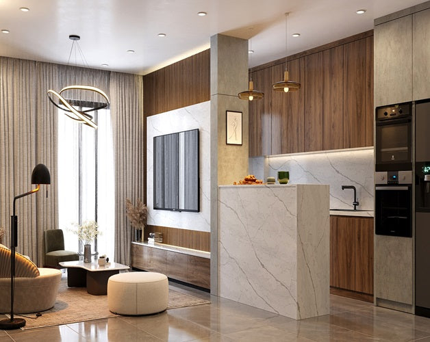 Covelani BQ6700 Vicostone Quartz kitchen countertops with waterfall