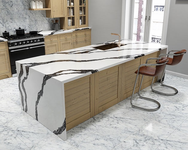 Panda White BQ8928 Vicostone Quartz waterfall island