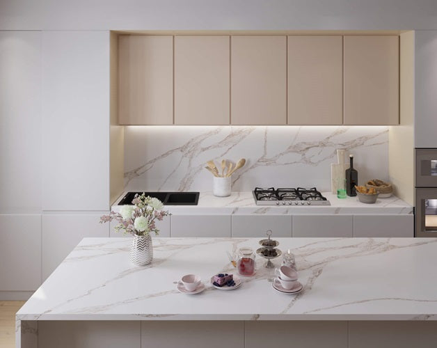 Vivalioro BQ8918 Vicostone Quartz waterfall island with full backsplash