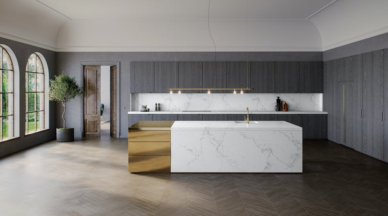 empire white quartz island with grey modern cabinets