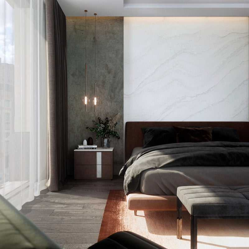 everleigh cambria quartz luxury series on the bedroom wall