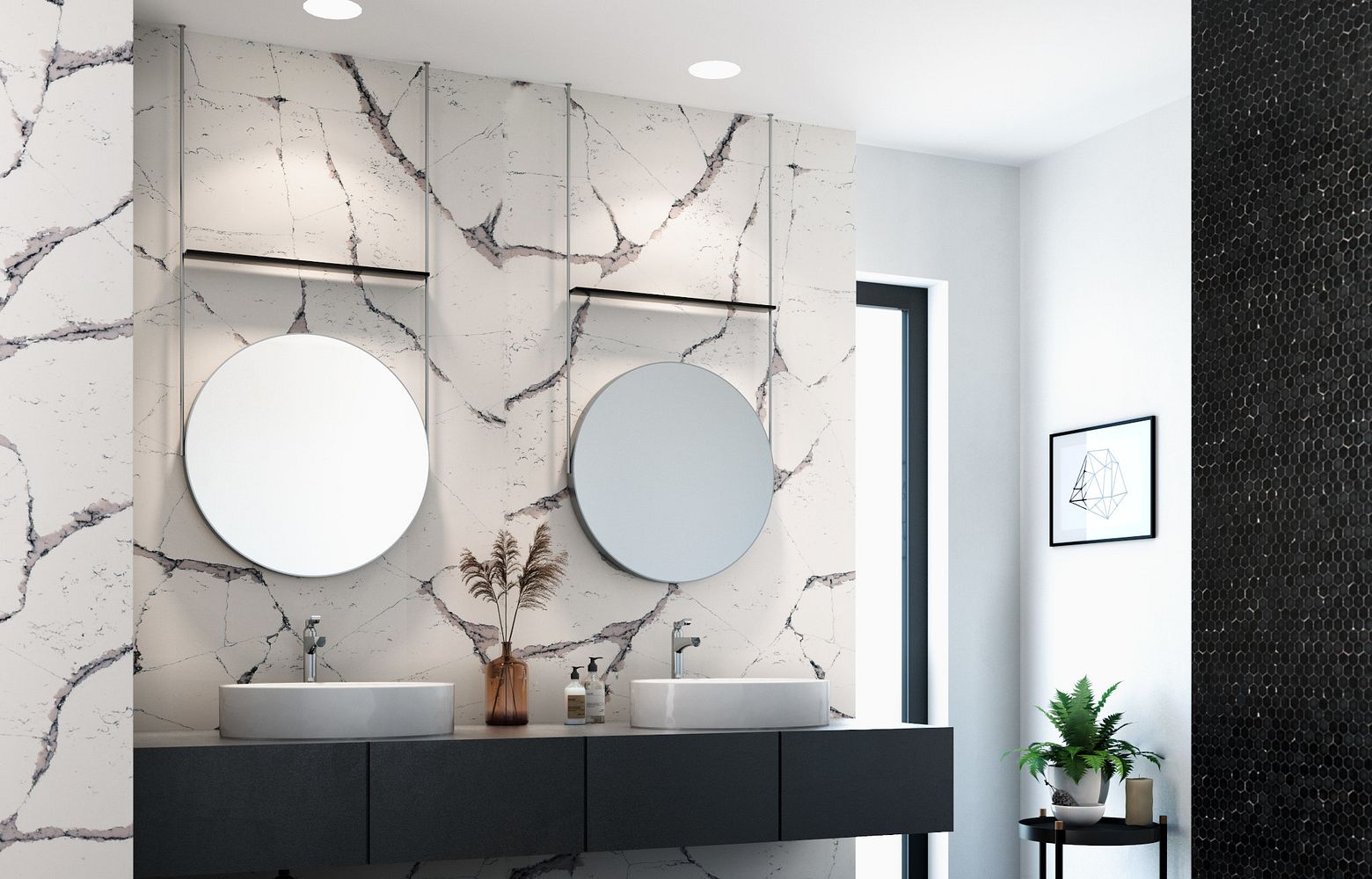 HARROGATE Cambria Quartz wall covering in bathroom