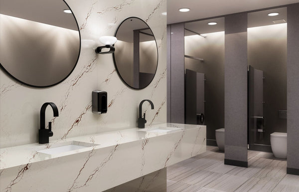INVERNESS BRONZE Cambria Quartz bathroom countertops with waterfall edge and full backsplash