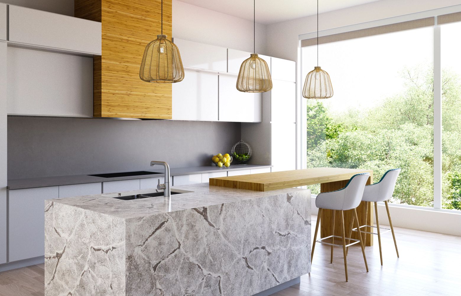 LEABRIDGE Cambria Quartz kitchen island waterfall edge