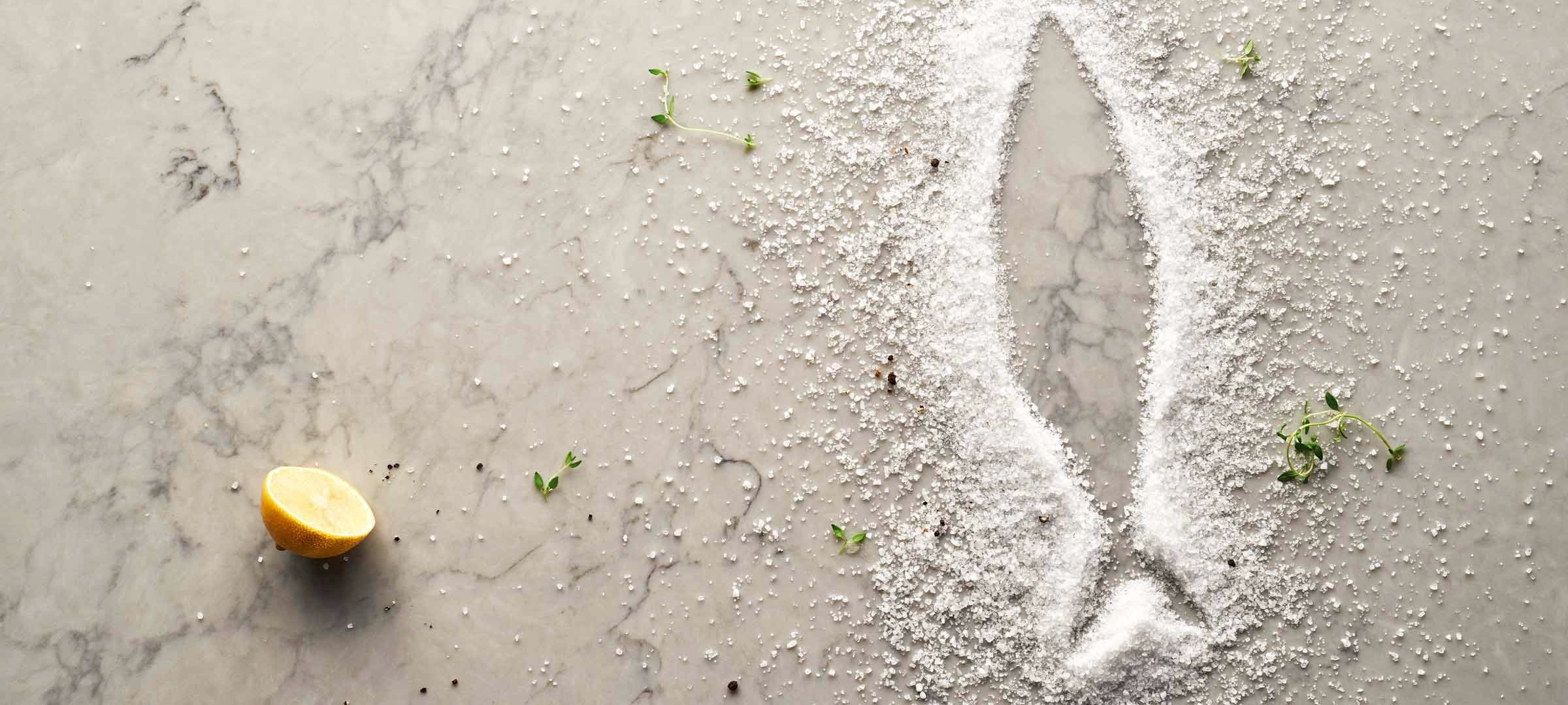 zoomed in noble grey quartz slab with salt and lemon 