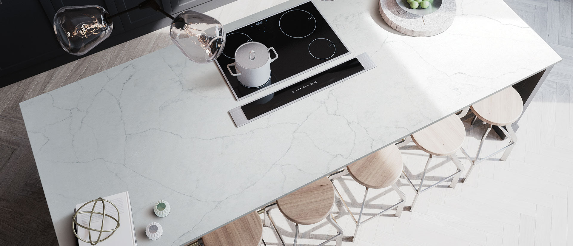 waterfall kitchen island from Calacatta monaco