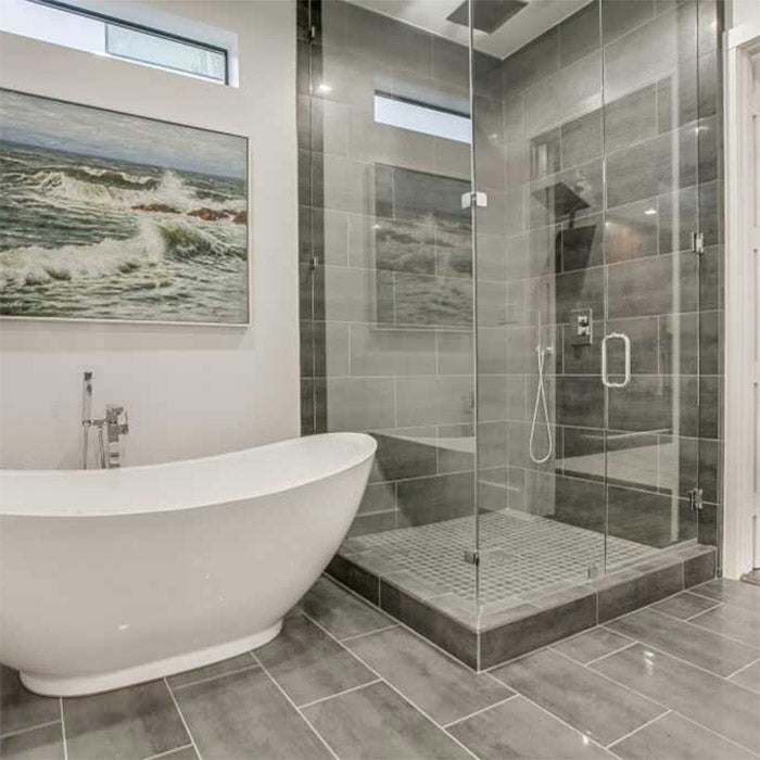 free standing bath tub with glass shower