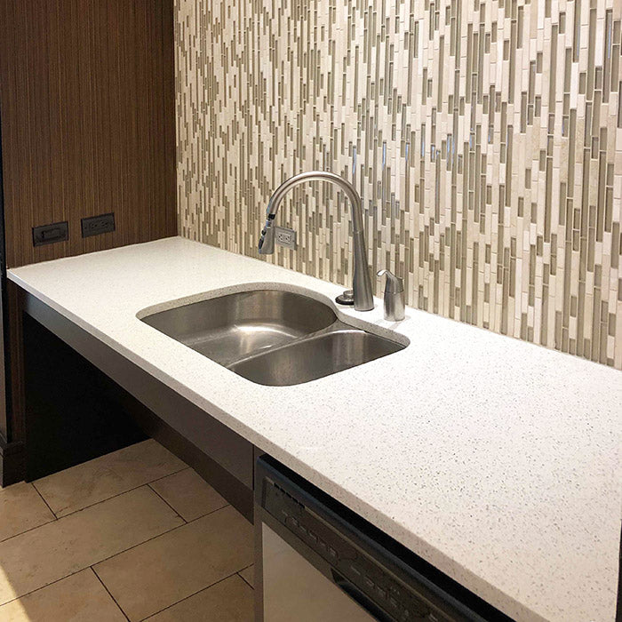 white sparkle quartz counterters with stainless steel sink