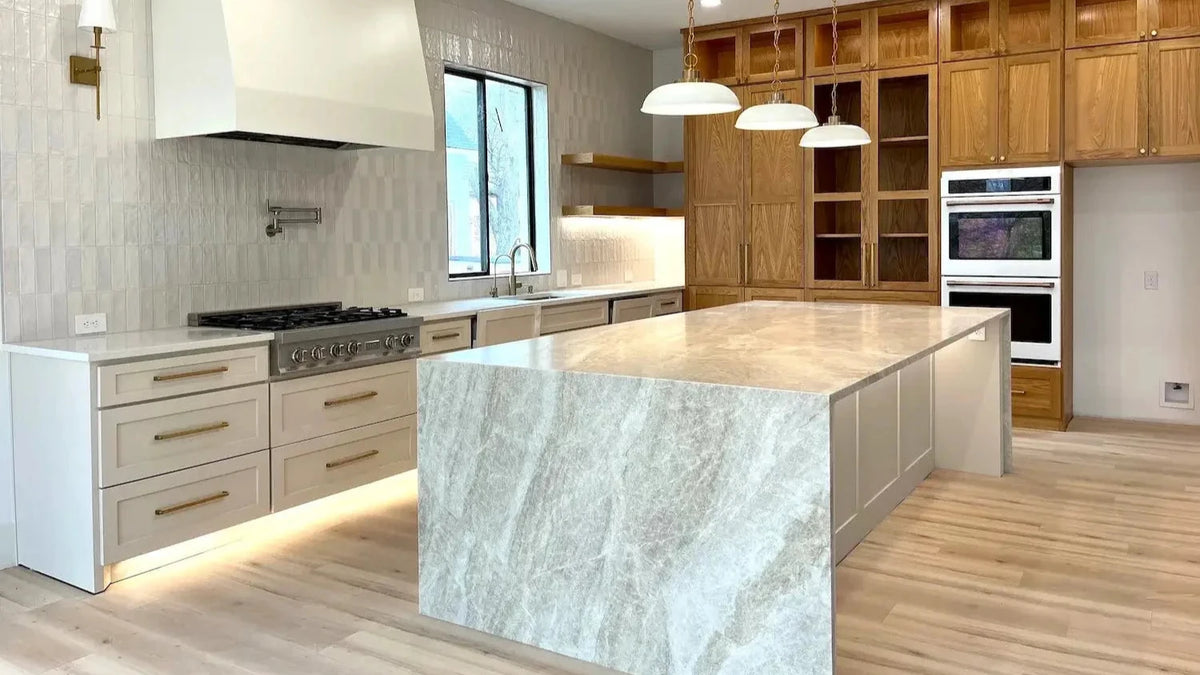 Taj Mahal Leathered Quartzite Countertop Project in Rowlett, TX